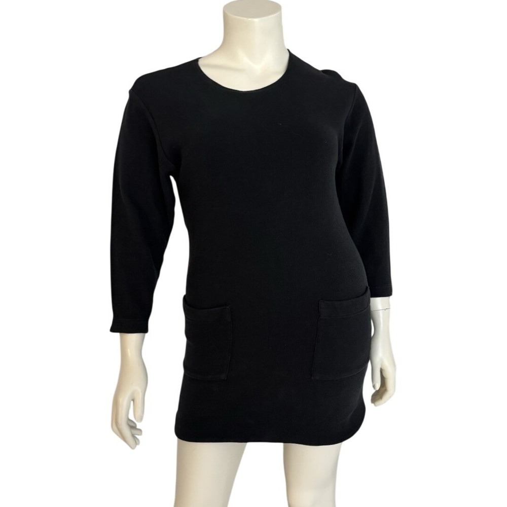 FUNTIME Vintage Black Knit 3/4 Sleeve mini Sweatshirt Dress Front Pocket Tunic M